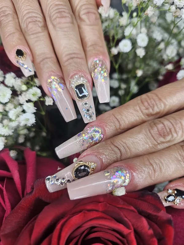 Nude coffin nails with crystals and French tips