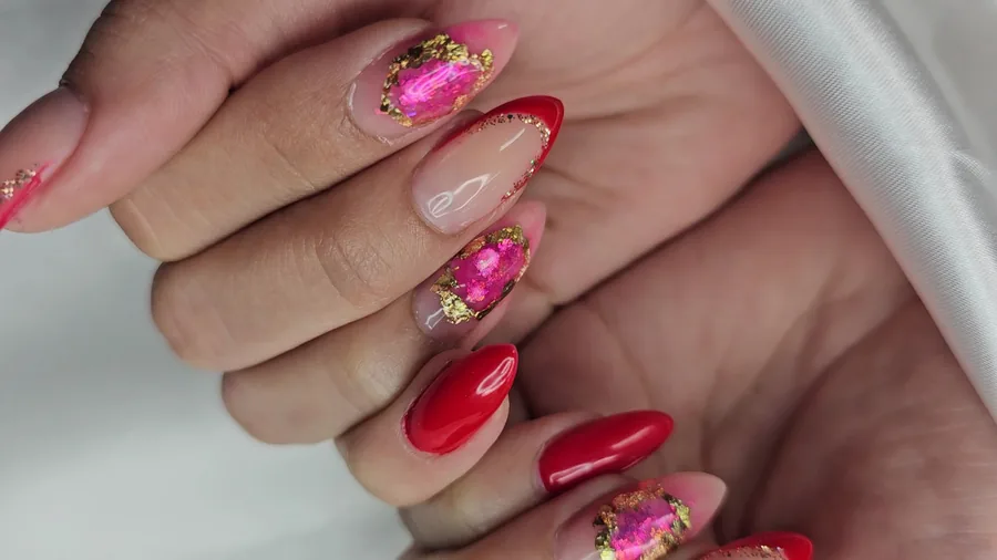 Cherry red and pink nails with hand-painted art