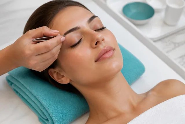 An esthetician shaping a client’s eyebrows with tweezers at the spa bed