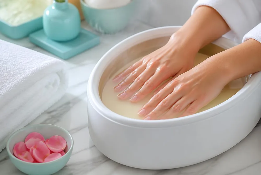 Hands resting in a warm paraffin dip at a marble table, with rolled white towels and pink flowers
